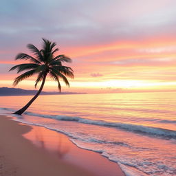 Create an image of a serene beach at sunrise, with soft waves gently lapping against the shoreline