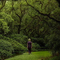 A solitary figure walking through a lush green landscape, adjacent to serene, shimmering water.