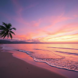 Create an image of a serene beach at sunrise, with soft waves gently lapping against the shoreline