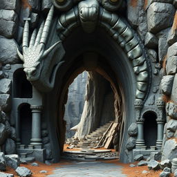 A majestic cavern entrance shaped as the open mouth of a formidable stone dragon, exhibiting detailed medieval craftsmanship