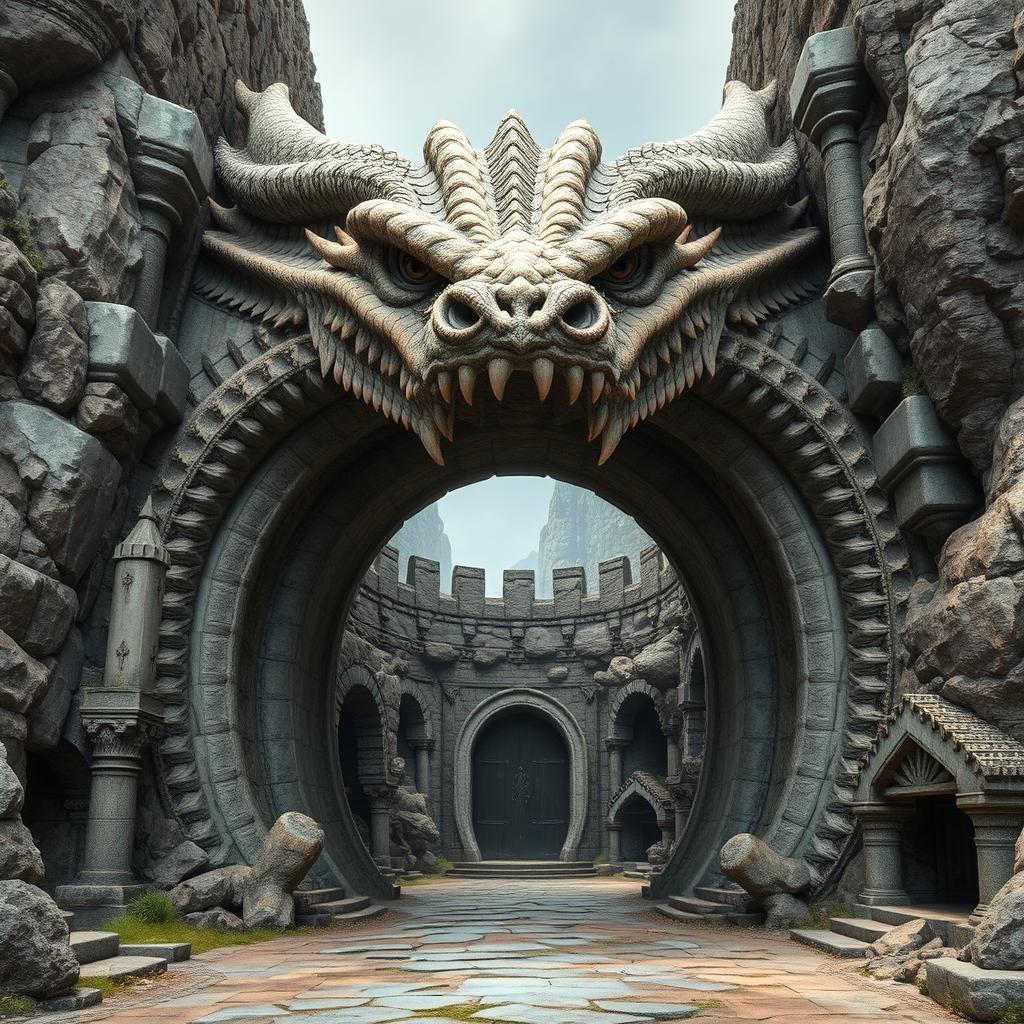 A majestic cavern entrance shaped as the open mouth of a formidable stone dragon, exhibiting detailed medieval craftsmanship