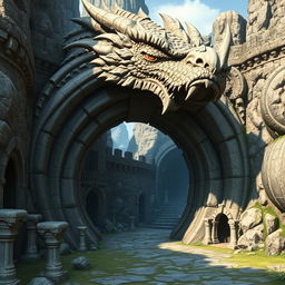 A majestic cavern entrance shaped as the open mouth of a formidable stone dragon, exhibiting detailed medieval craftsmanship