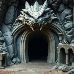 A majestic cavern entrance shaped as the open mouth of a formidable stone dragon, exhibiting detailed medieval craftsmanship