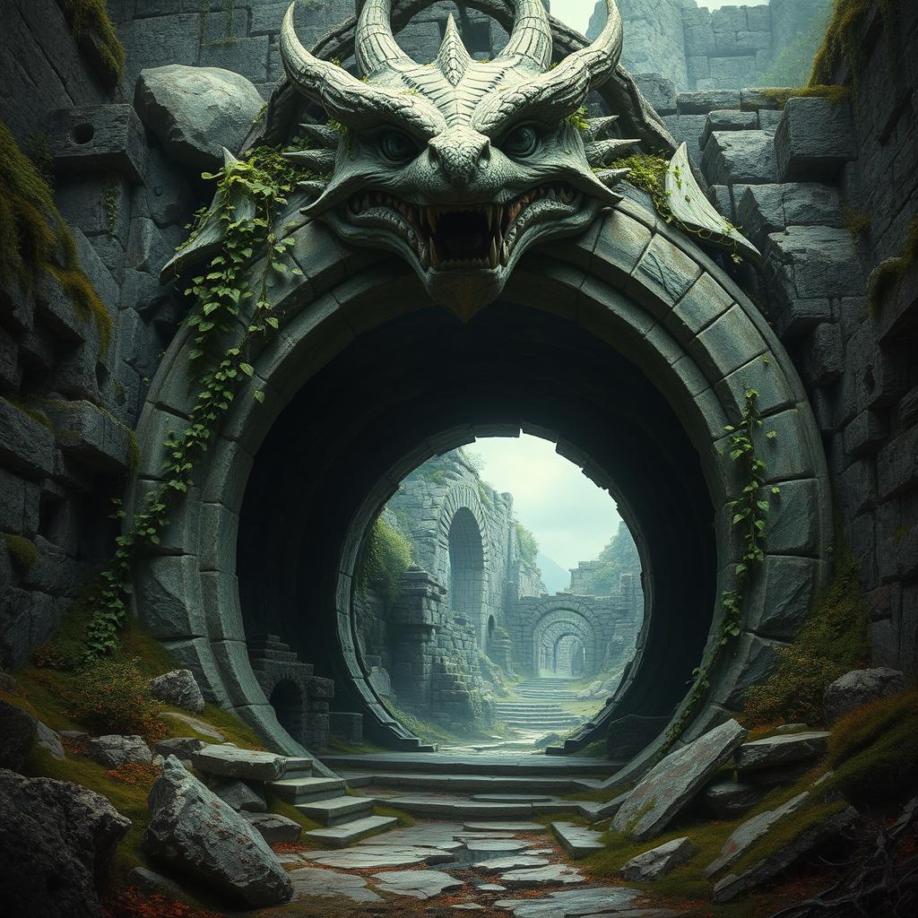 A mystical cavern entrance in ruins, formed as the open mouth of an imposing stone dragon