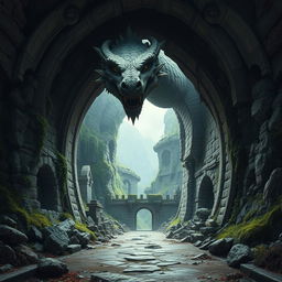 A mystical cavern entrance in ruins, formed as the open mouth of an imposing stone dragon