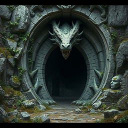 A mystical cavern entrance in ruins, formed as the open mouth of an imposing stone dragon