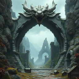 A mystical cavern entrance in ruins, formed as the open mouth of an imposing stone dragon