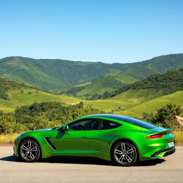 A sleek, modern green car with aerodynamic design, standing against a scenic backdrop of lush green hills and a clear blue sky