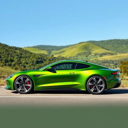 A sleek, modern green car with aerodynamic design, standing against a scenic backdrop of lush green hills and a clear blue sky