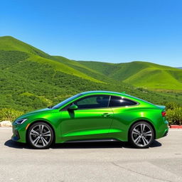 A sleek, modern green car with aerodynamic design, standing against a scenic backdrop of lush green hills and a clear blue sky