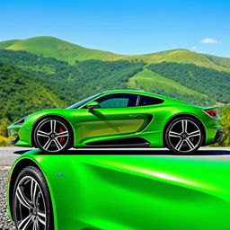 A sleek, modern green car with aerodynamic design, standing against a scenic backdrop of lush green hills and a clear blue sky