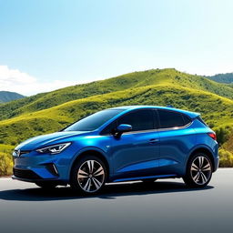 A sleek, modern blue car with aerodynamic design, standing against a scenic backdrop of lush green hills and a clear blue sky