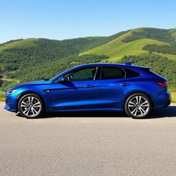 A sleek, modern blue car with aerodynamic design, standing against a scenic backdrop of lush green hills and a clear blue sky