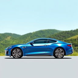 A sleek, modern blue car with aerodynamic design, standing against a scenic backdrop of lush green hills and a clear blue sky