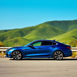 A sleek, modern blue car with aerodynamic design, standing against a scenic backdrop of lush green hills and a clear blue sky