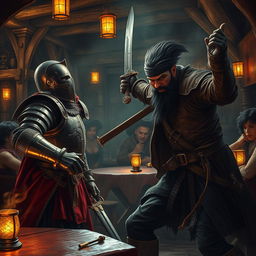 A dynamic and intense scene depicting a medieval guard captain losing a duel inside a rustic tavern