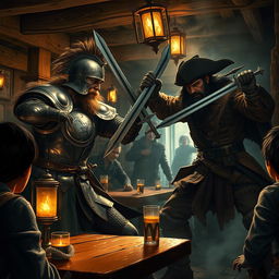 A dynamic and intense scene depicting a medieval guard captain losing a duel inside a rustic tavern