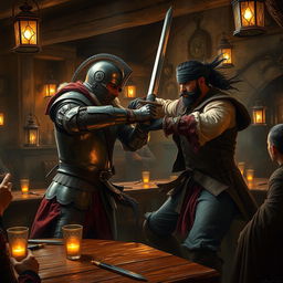 A dynamic and intense scene depicting a medieval guard captain losing a duel inside a rustic tavern