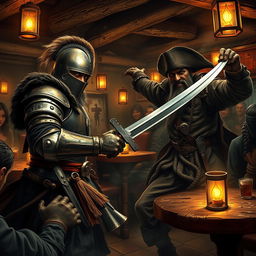 A dynamic and intense scene depicting a medieval guard captain losing a duel inside a rustic tavern