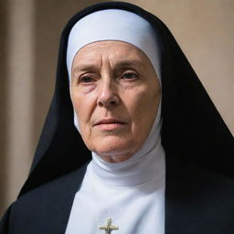 A nun emanating a divine sense of justice, reminiscent of Mother Consuelo