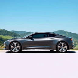 A sleek, modern grey car with aerodynamic design, standing against a scenic backdrop of lush green hills and a clear blue sky