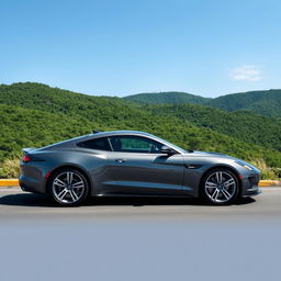 A sleek, modern grey car with aerodynamic design, standing against a scenic backdrop of lush green hills and a clear blue sky