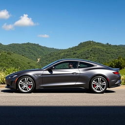 A sleek, modern grey car with aerodynamic design, standing against a scenic backdrop of lush green hills and a clear blue sky