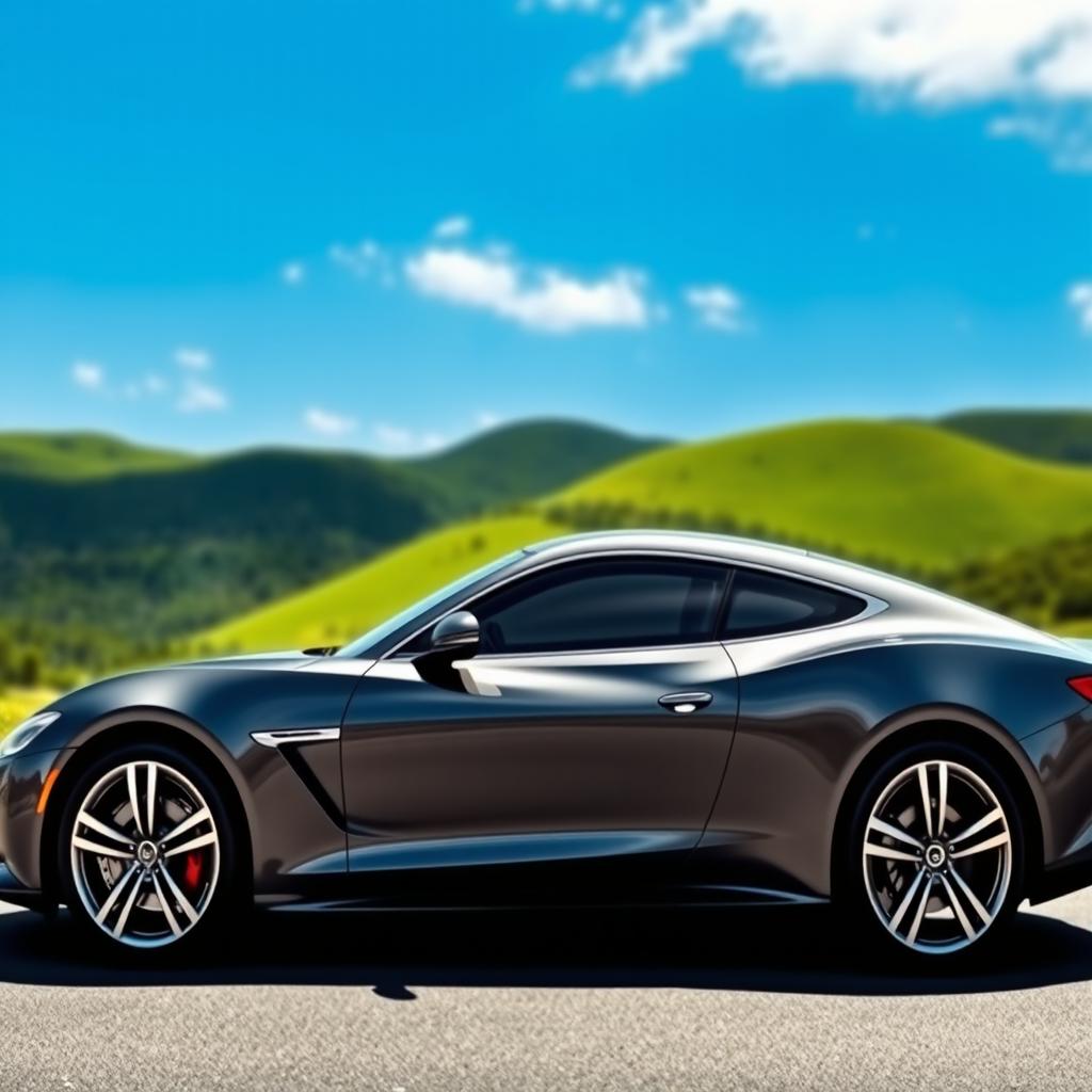 A sleek, modern grey car with aerodynamic design, standing against a scenic backdrop of lush green hills and a clear blue sky