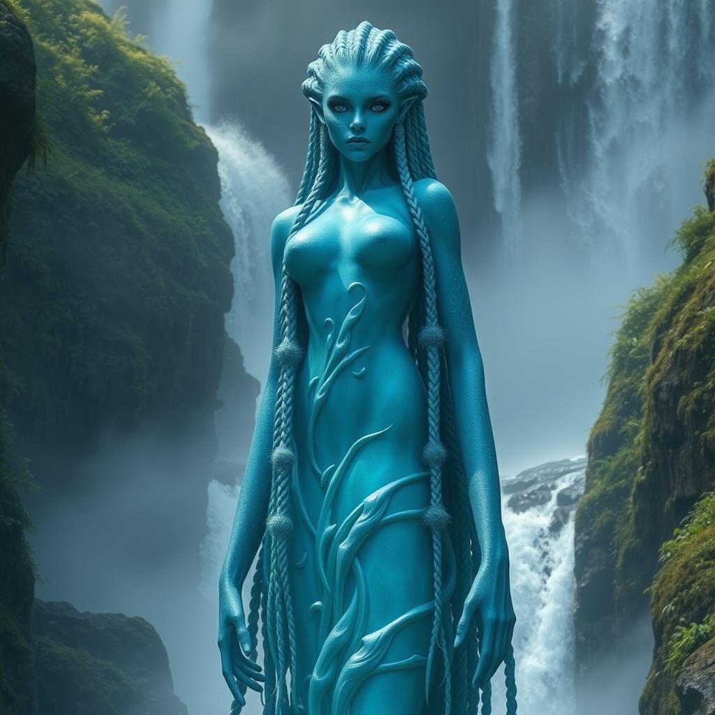 A majestic and towering female water genasi with intricate braids cascading down her shoulders