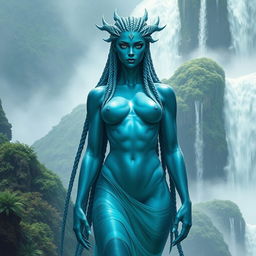 A majestic and towering female water genasi with intricate braids cascading down her shoulders