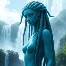 A majestic and towering female water genasi with intricate braids cascading down her shoulders