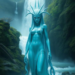 A majestic and towering female water genasi with intricate braids cascading down her shoulders