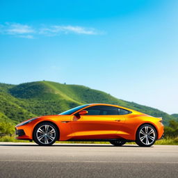 A sleek, modern orange car with aerodynamic design, standing against a scenic backdrop of lush green hills and a clear blue sky