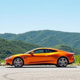 A sleek, modern orange car with aerodynamic design, standing against a scenic backdrop of lush green hills and a clear blue sky