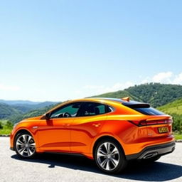 A sleek, modern orange car with aerodynamic design, standing against a scenic backdrop of lush green hills and a clear blue sky