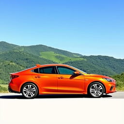 A sleek, modern orange car with aerodynamic design, standing against a scenic backdrop of lush green hills and a clear blue sky