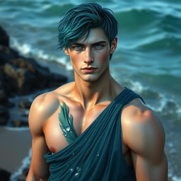 A striking male water genasi with short, wavy hair tinted in shades of deep ocean blue and emerald