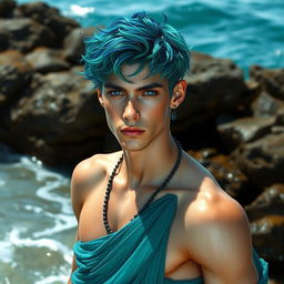 A striking male water genasi with short, wavy hair tinted in shades of deep ocean blue and emerald