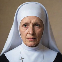 A nun emanating a divine sense of justice, reminiscent of Mother Consuelo