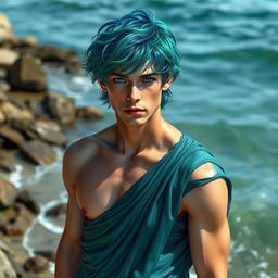 A striking male water genasi with short, wavy hair tinted in shades of deep ocean blue and emerald