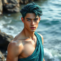 A striking male water genasi with short, wavy hair tinted in shades of deep ocean blue and emerald