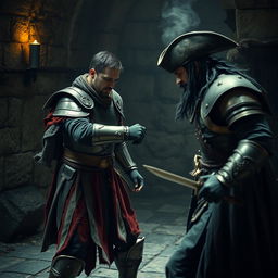 A dramatic scene featuring a medieval guard captain, appearing defeated and exhausted, losing a duel to an evil male pirate