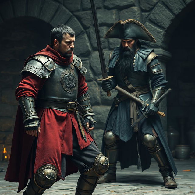 A dramatic scene featuring a medieval guard captain, appearing defeated and exhausted, losing a duel to an evil male pirate