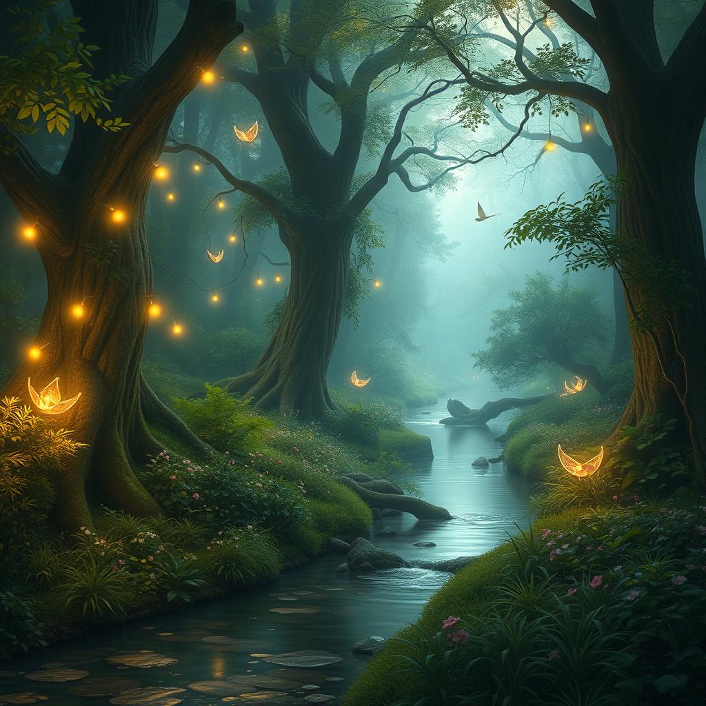 an ethereal forest with whimsical lighting, magical creatures flitting about, a serene water stream meandering through lush greenery