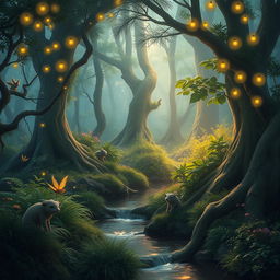 an ethereal forest with whimsical lighting, magical creatures flitting about, a serene water stream meandering through lush greenery