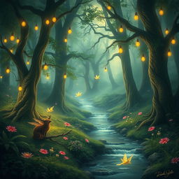 an ethereal forest with whimsical lighting, magical creatures flitting about, a serene water stream meandering through lush greenery