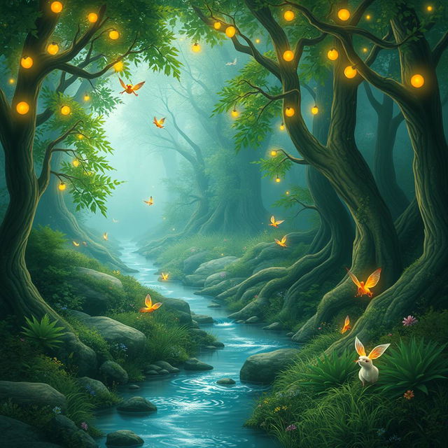 an ethereal forest with whimsical lighting, magical creatures flitting about, a serene water stream meandering through lush greenery