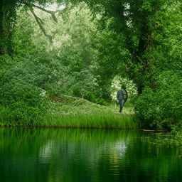 A solitary figure walking through a lush green landscape, adjacent to serene, shimmering water.