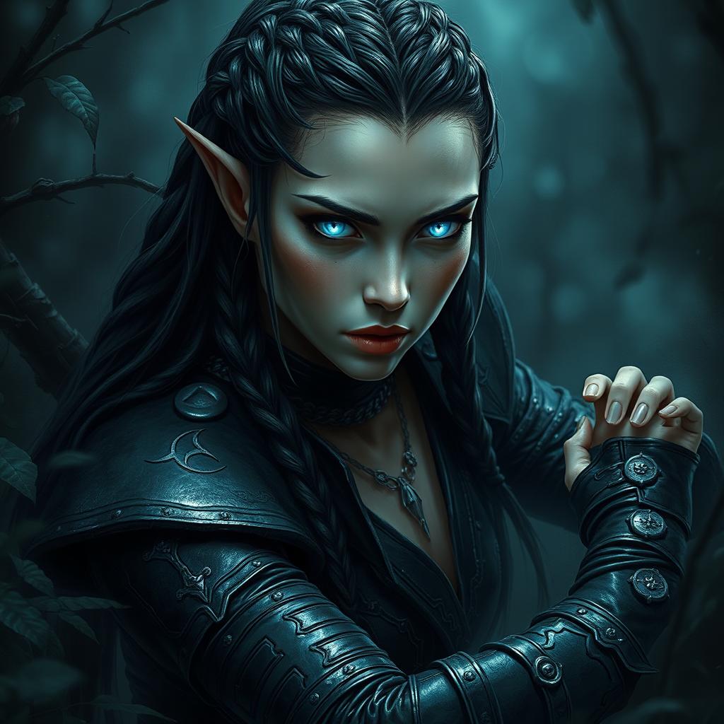 A mesmerizing female fae rogue with piercing silver eyes that shine with an ethereal glow in the dim light of the dark forest