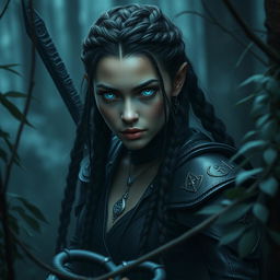 A mesmerizing female fae rogue with piercing silver eyes that shine with an ethereal glow in the dim light of the dark forest